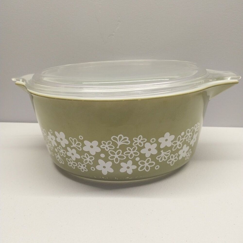 Vintage Pyrex 475-B Spring Blossom Green Crazy Daisy 2.5 Qt Casserole & Lid